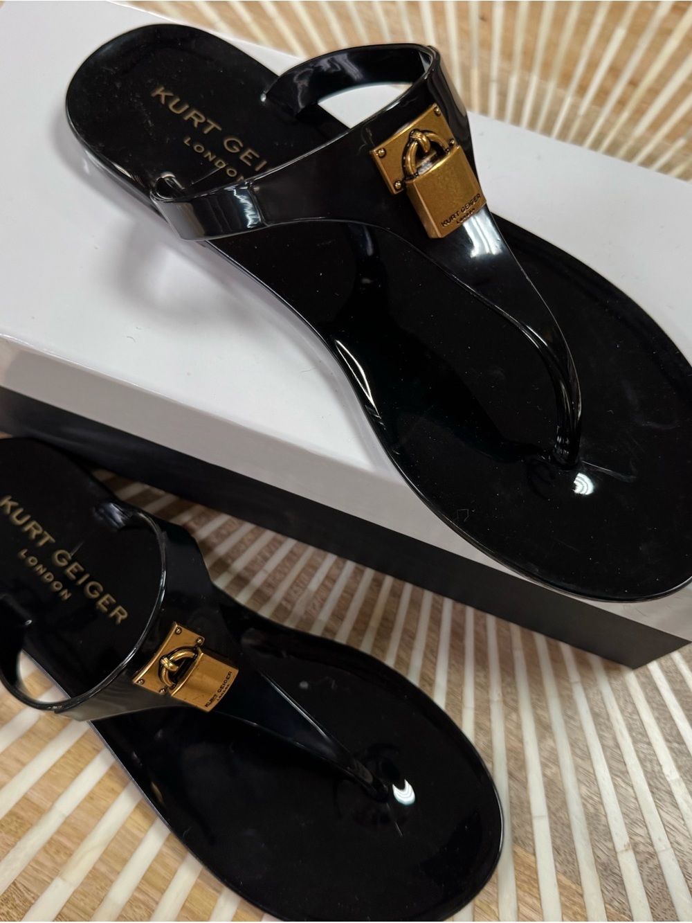 Kurt Geiger Black Jelly Thong Sandals with Gold Padlock Detail